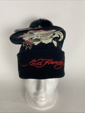 Ed Hardy Hat Beanie Faux Fur Pom One Size Womens Black Skull Rhinestone New